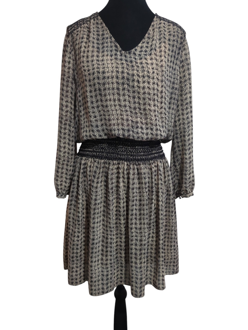 V-Neck Black & Cream Smocked-Waist Mini Dress